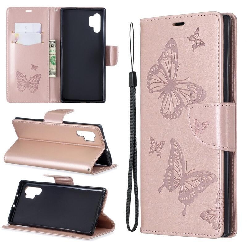 Butterfly PU kožené peněženkové pouzdro na mobil Samsung Galaxy Note 10 Plus - růžovozlaté