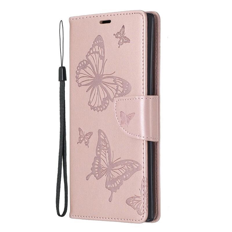 Butterfly PU kožené peněženkové pouzdro na mobil Samsung Galaxy Note 10 Plus - růžovozlaté