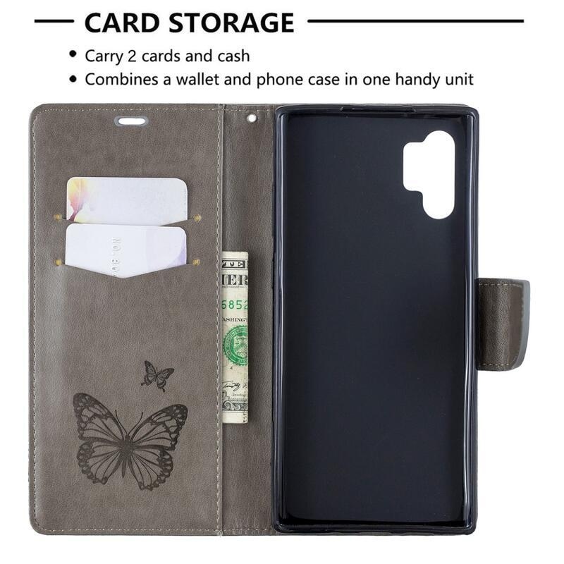 Butterfly PU kožené peněženkové pouzdro na mobil Samsung Galaxy Note 10 Plus - šedé