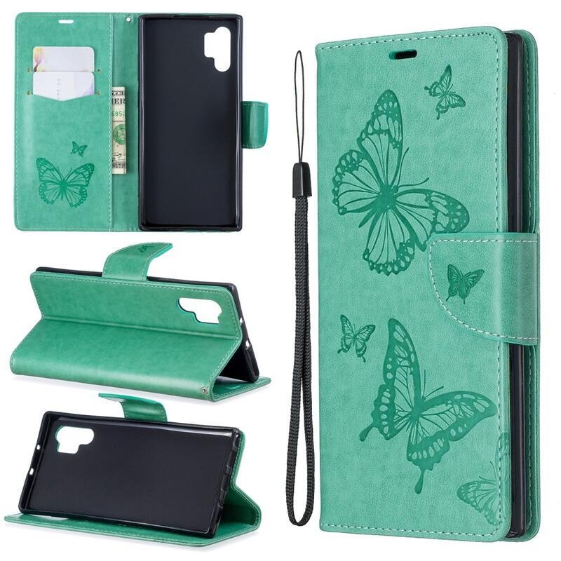 Butterfly PU kožené peněženkové pouzdro na mobil Samsung Galaxy Note 10 Plus - zelené