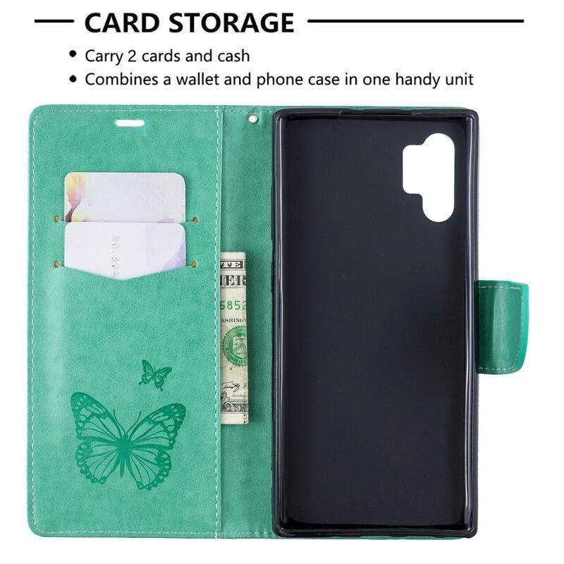 Butterfly PU kožené peněženkové pouzdro na mobil Samsung Galaxy Note 10 Plus - zelené