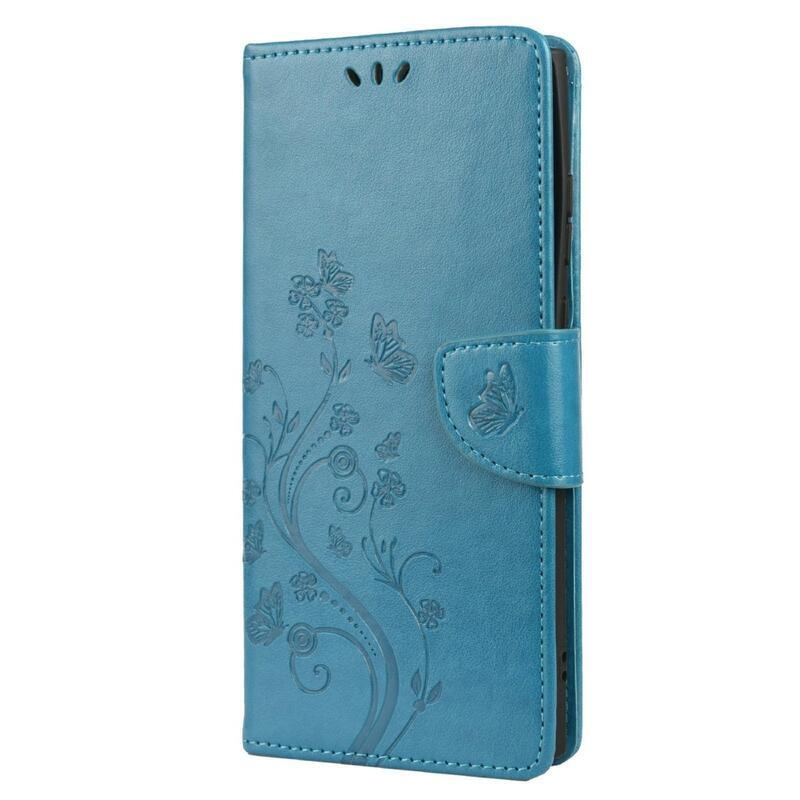 Butterfly PU kožené peněženkové pouzdro na mobil Samsung Galaxy S22 Ultra 5G - modré