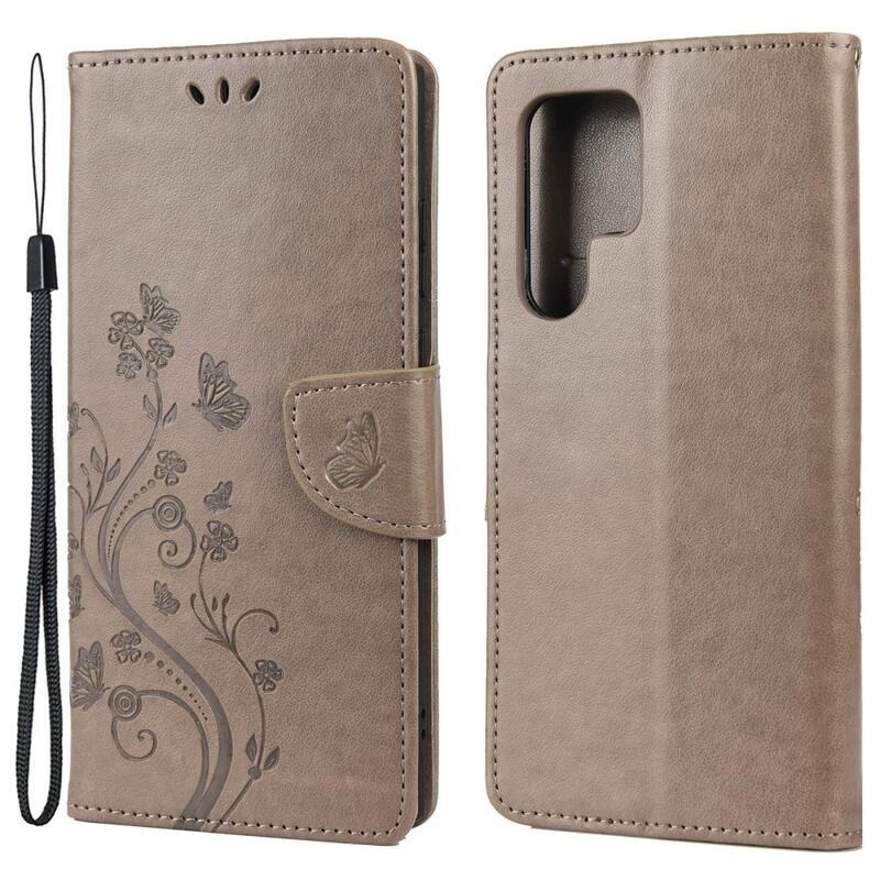 Butterfly PU kožené peněženkové pouzdro na mobil Samsung Galaxy S22 Ultra 5G - šedé