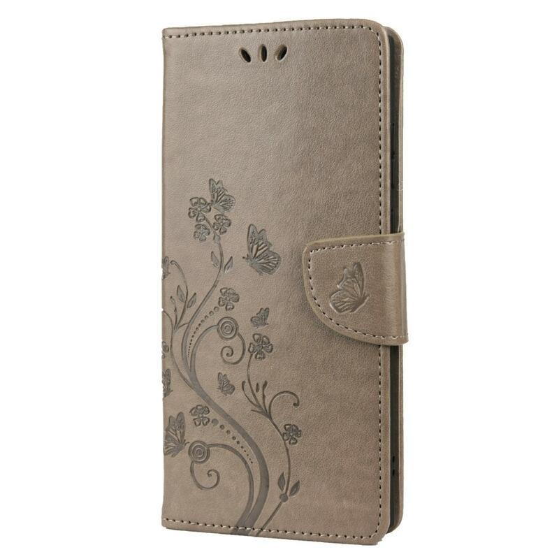 Butterfly PU kožené peněženkové pouzdro na mobil Samsung Galaxy S22 Ultra 5G - šedé