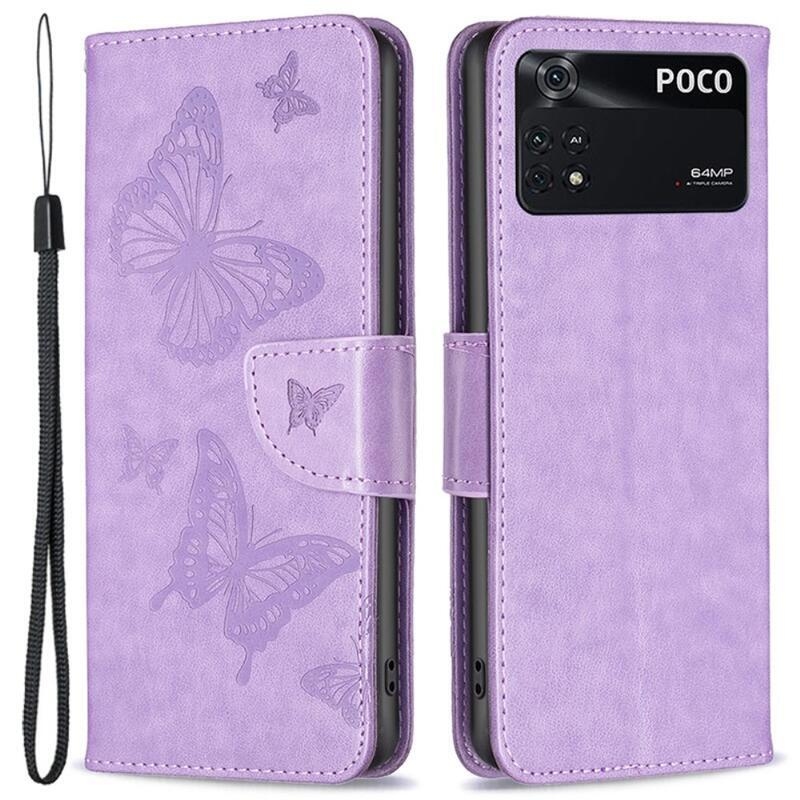 Butterfly PU kožené peněženkové pouzdro na mobil Xiaomi Poco M4 Pro 4G - fialové