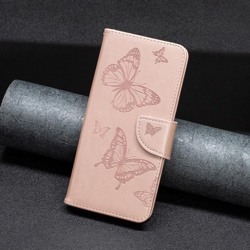Butterfly PU kožené peněženkové pouzdro na mobil Xiaomi Redmi 10C - růžovozlaté