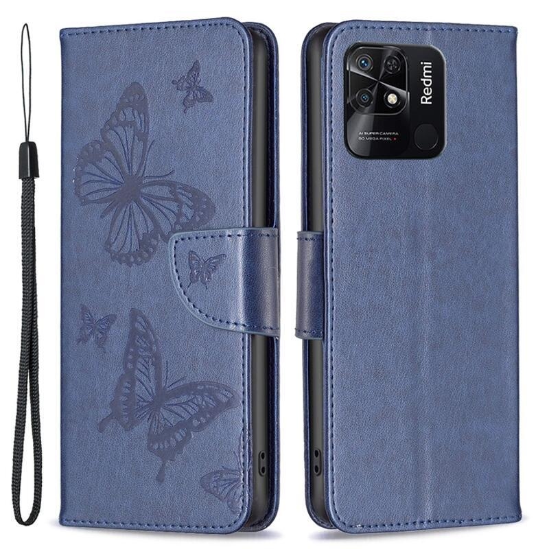 Butterfly PU kožené peněženkové pouzdro na mobil Xiaomi Redmi 10C - tmavěmodré