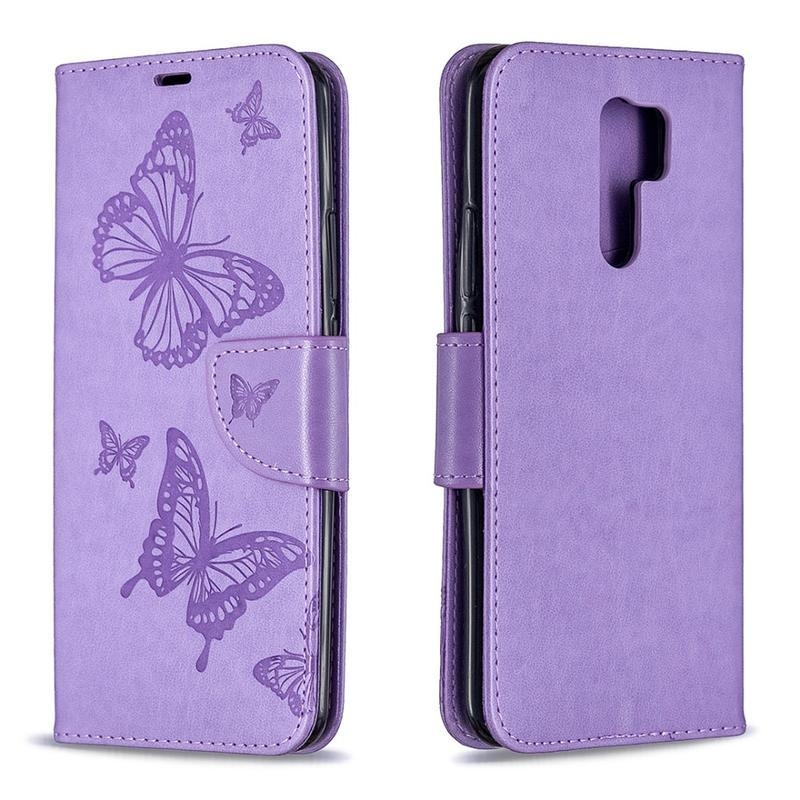 Butterfly PU kožené peněženkové pouzdro na mobil Xiaomi Redmi 9 - fialové