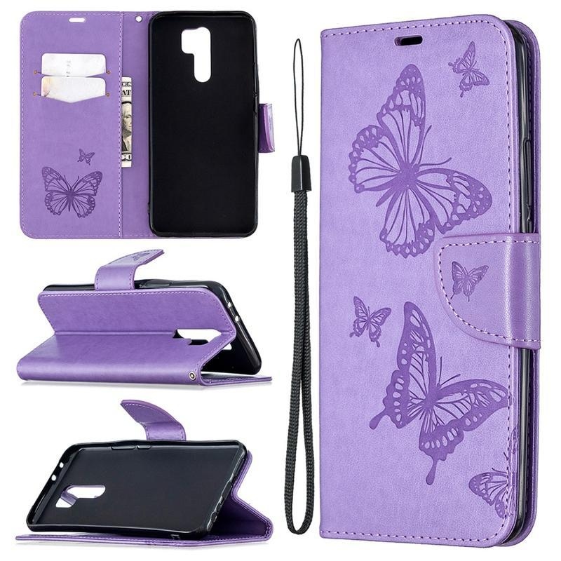 Butterfly PU kožené peněženkové pouzdro na mobil Xiaomi Redmi 9 - fialové