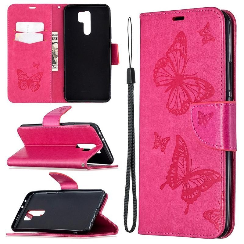 Butterfly PU kožené peněženkové pouzdro na mobil Xiaomi Redmi 9 - rose