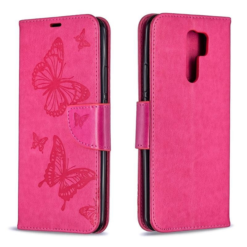 Butterfly PU kožené peněženkové pouzdro na mobil Xiaomi Redmi 9 - rose