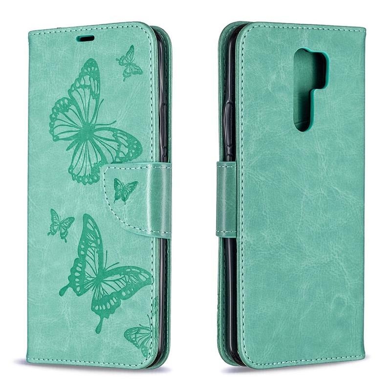 Butterfly PU kožené peněženkové pouzdro na mobil Xiaomi Redmi 9 - zelené