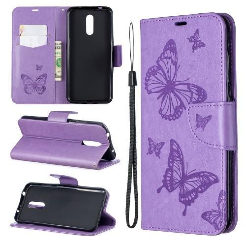 Butterfly PU kožené peněženkové pouzdro pro mobil Nokia 3.2 - fialové