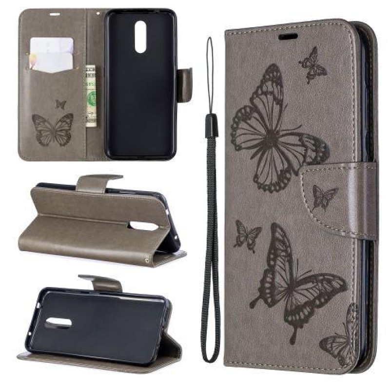 Butterfly PU kožené peněženkové pouzdro pro mobil Nokia 3.2 - šedé