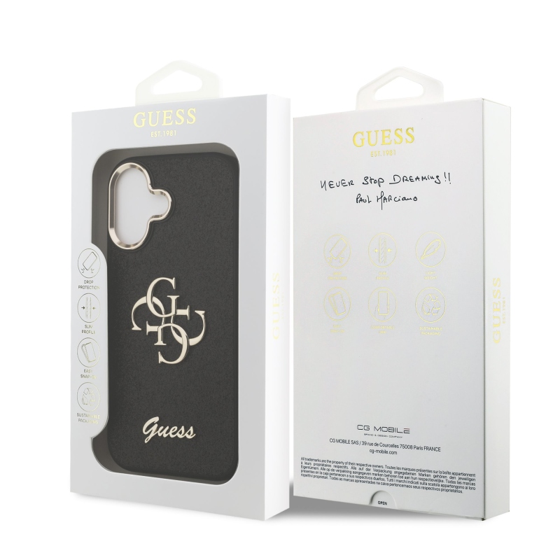 Guess PU Fixed Glitter 4G Metal Frame Zadní Kryt pro iPhone 17 Black