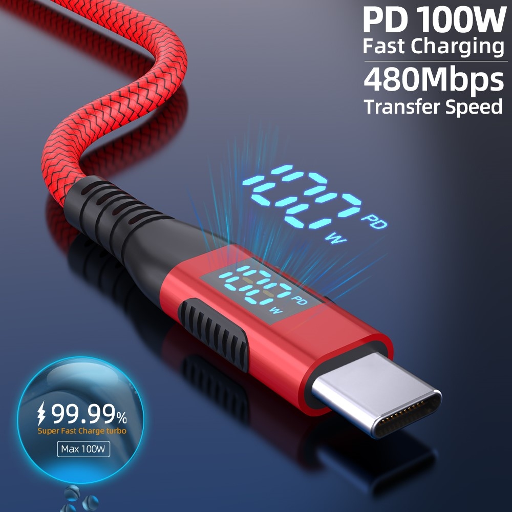 Nylonový kabel USB-C / USB-C s displejem 1m 100W - červený