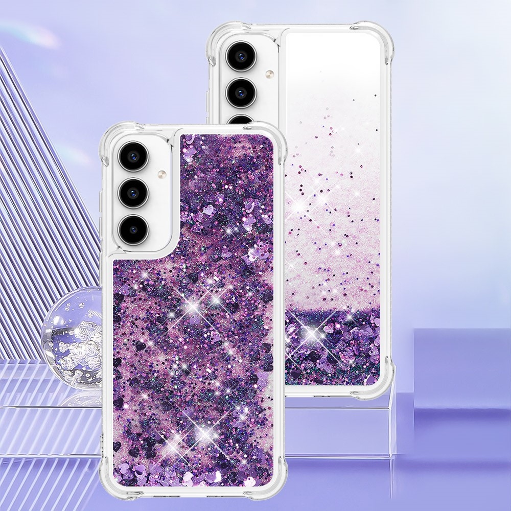 Glitter gelový přesýpací obal na Samsung Galaxy A35 5G - tmavěfialový/srdíčka