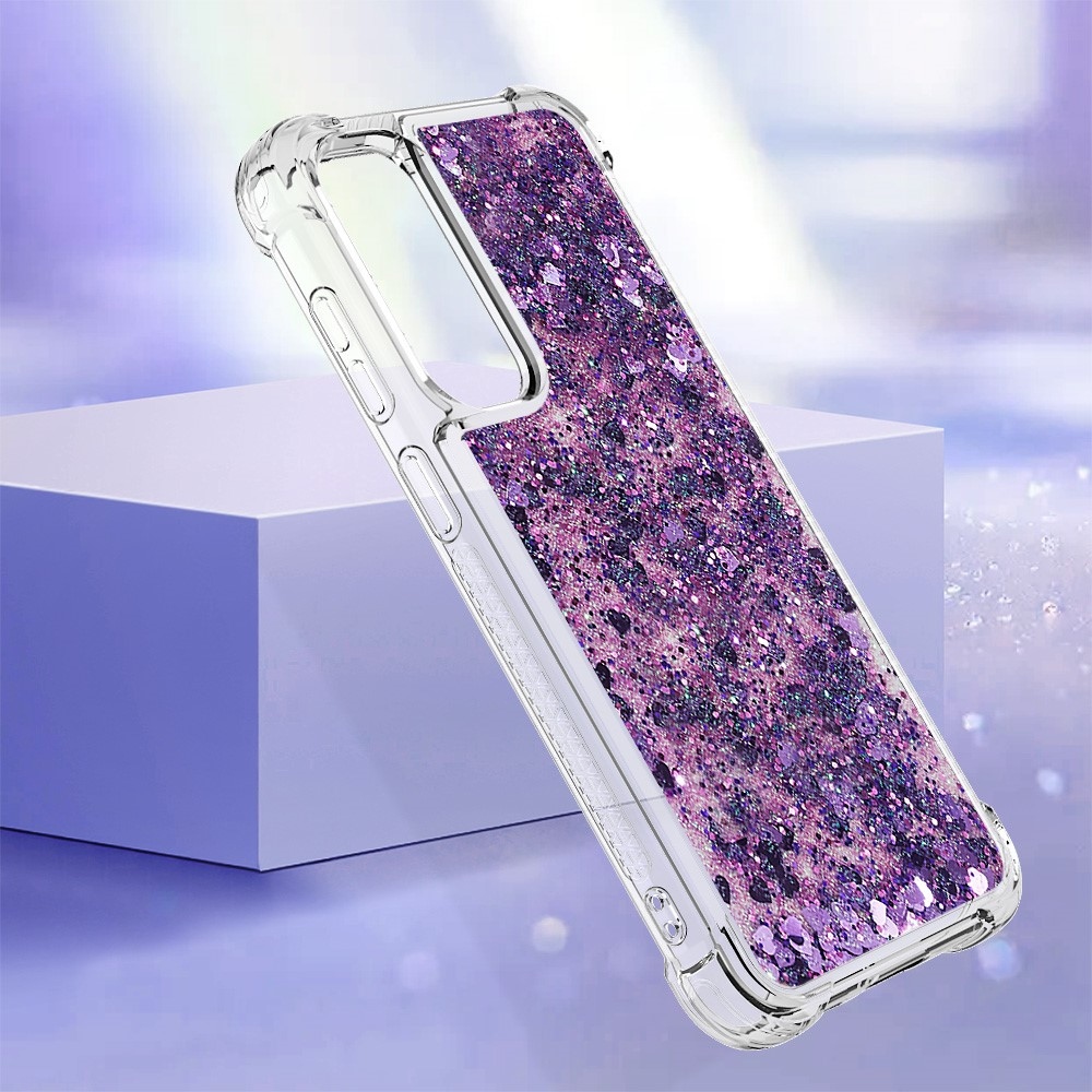 Glitter gelový přesýpací obal na Samsung Galaxy S23 FE - tmavěfialový/srdíčka
