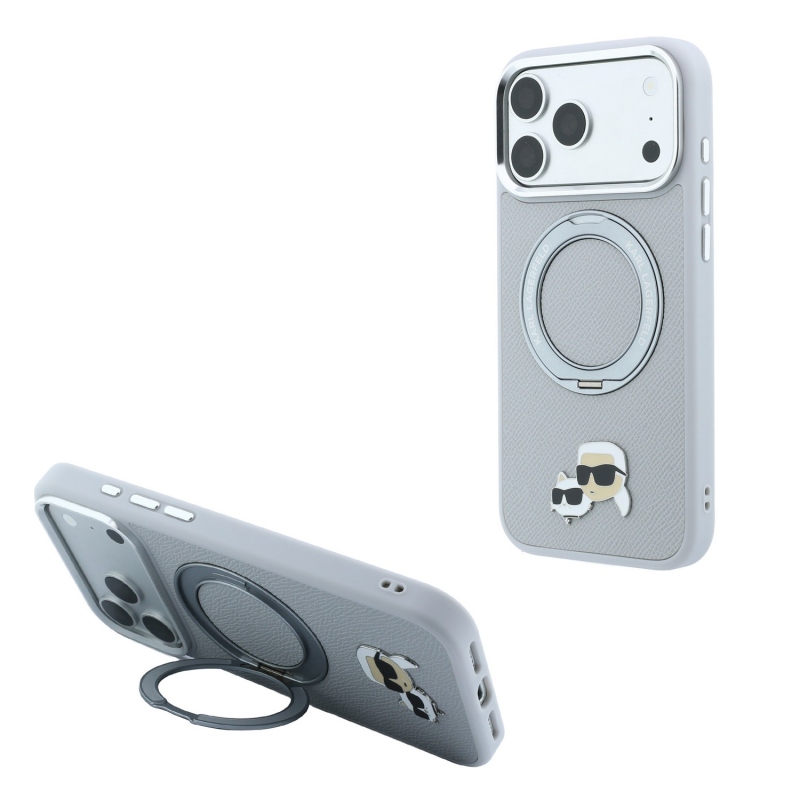 Karl Lagerfeld PU Grained K&CH Heads Ring Stand Magsafe Zadní Kryt pro iPhone 18 Pro Grey