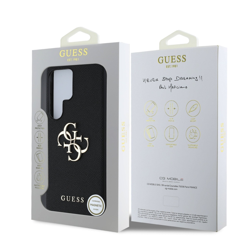 Guess PU Grained 4G Metal Logo Zadní Kryt pro Samsung Galaxy S25 Ultra Black