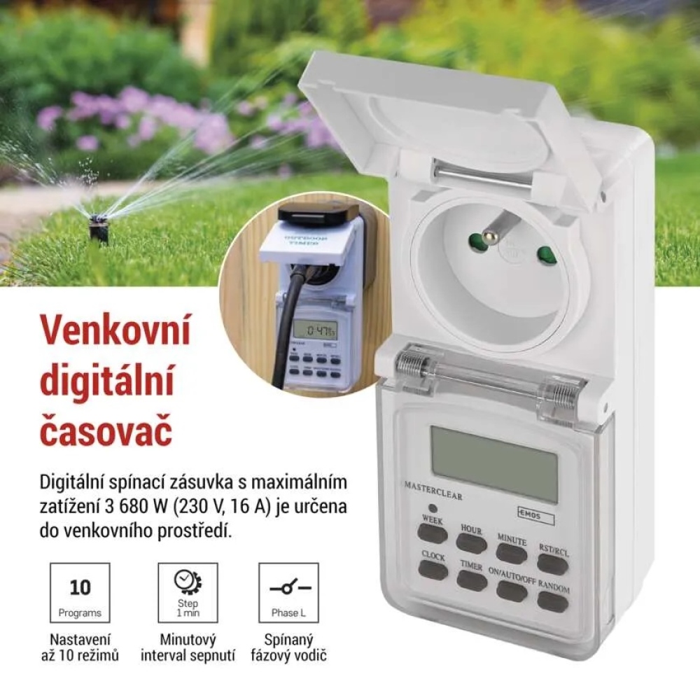 Časovač – digitální spínací zásuvka venkovní IP44 P5507N