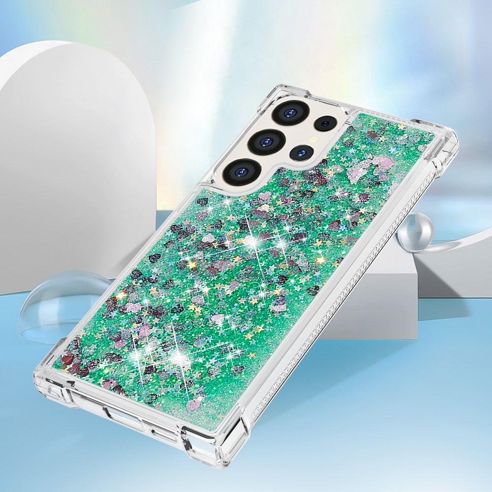 Glitter přesýpací gelový obal na Samsung Galaxy S24 Ultra - zelený/srdíčka