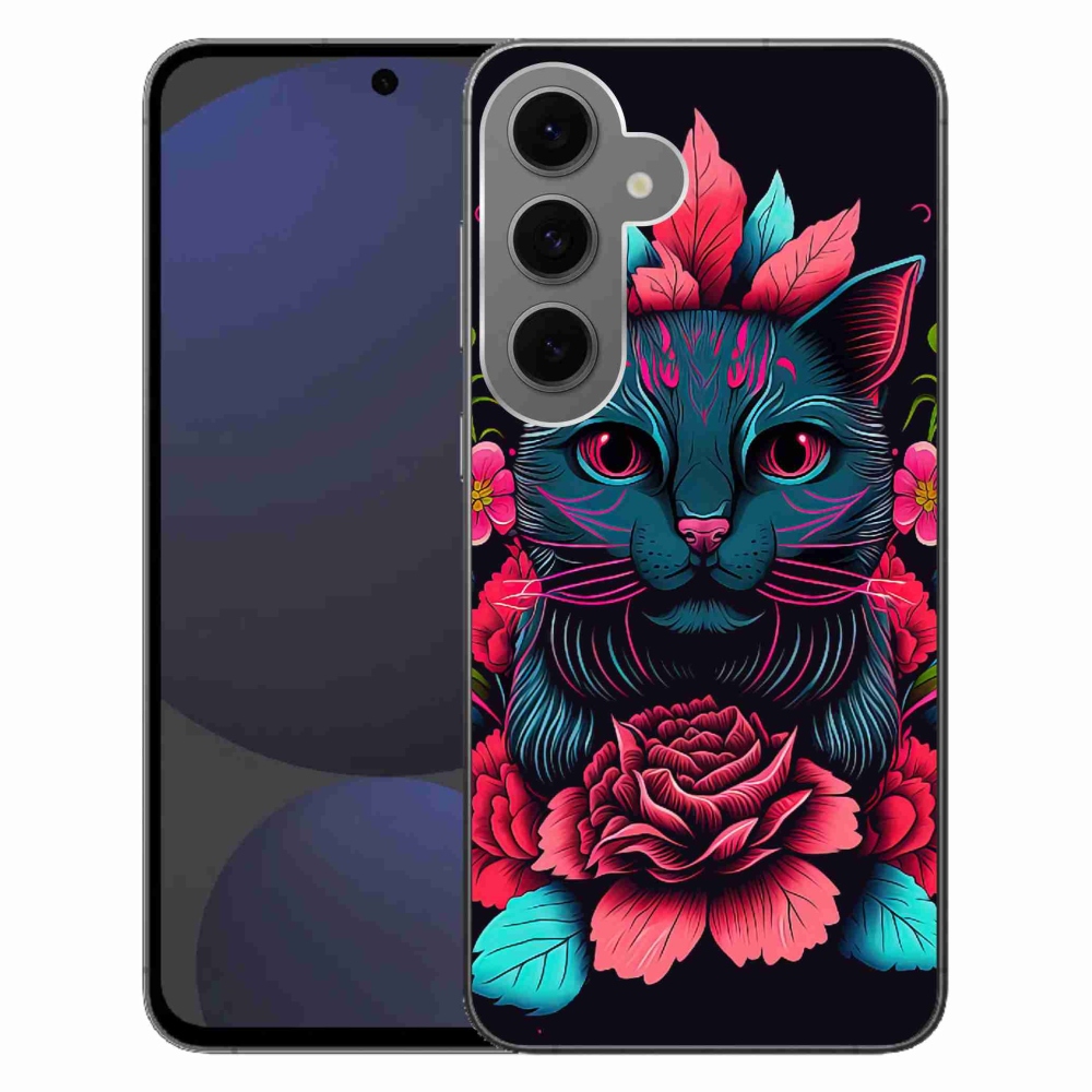 Gelový kryt mmCase na Samsung Galaxy S24 FE - květiny a kočka