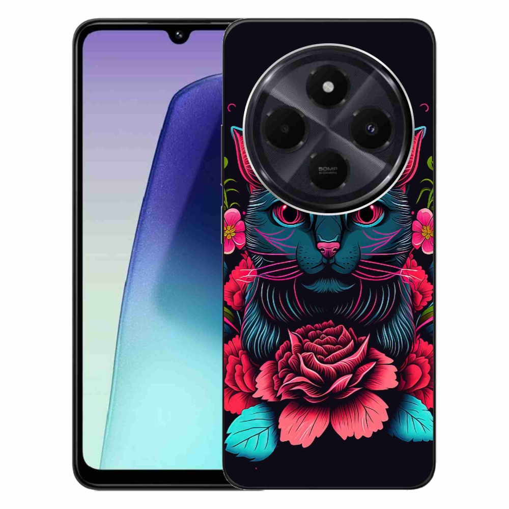 Gelový kryt mmCase na Xiaomi Redmi 14C/Poco C75 - květiny a kočka