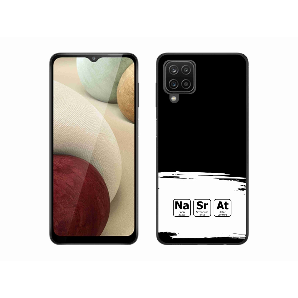 Gelový kryt mmCase na Samsung Galaxy A12 - chemické prvky bíločerné pozadí