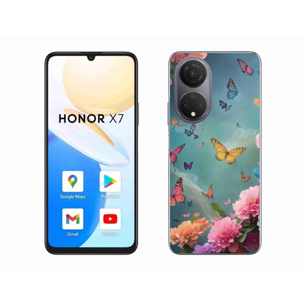 Gelový kryt mmCase na Honor X7 - barevné květy a motýli
