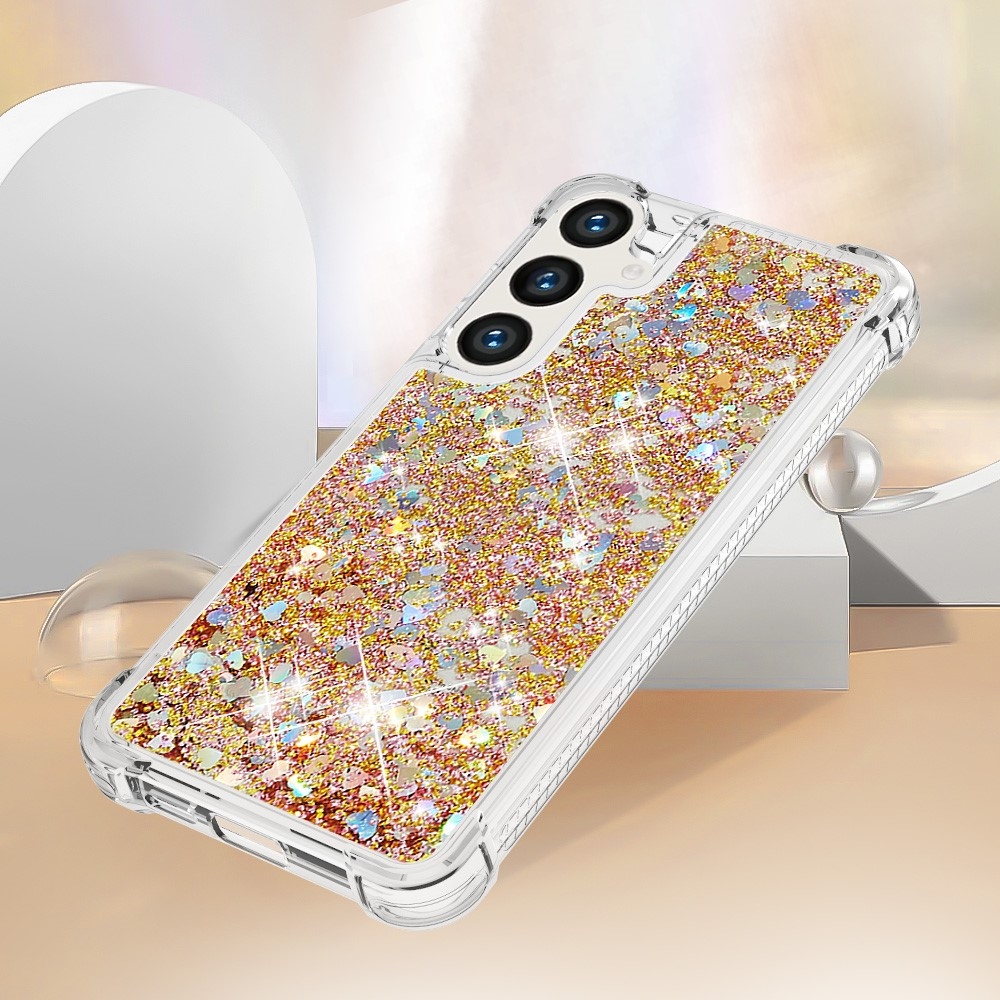 Glitter přesýpací gelový obal na Samsung Galaxy S24 - zlatý/srdíčka