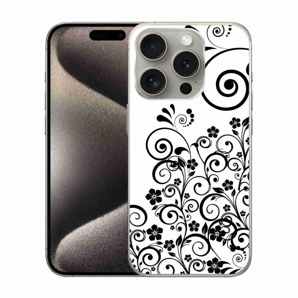 Gelový kryt mmCase na iPhone 15 Pro - černobílé květinové vzory