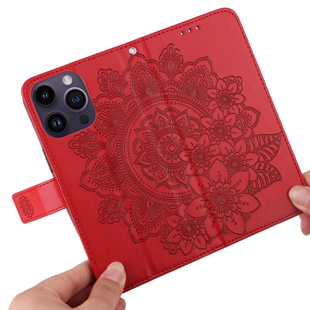 Mandala knížkové pouzdro na iPhone 15 Pro - červené