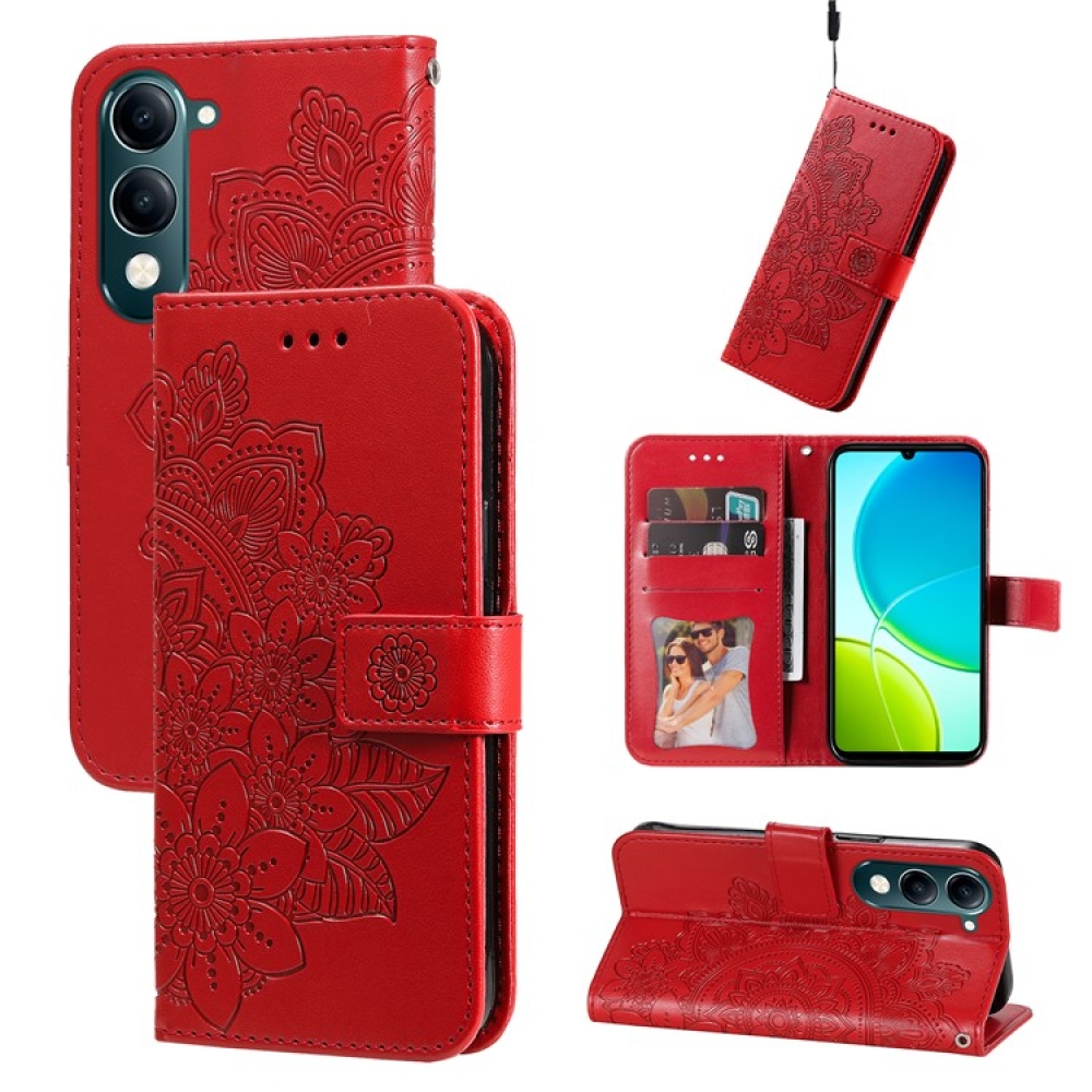 Floral knížkové pouzdro na Vivo Y29s 5G - červené