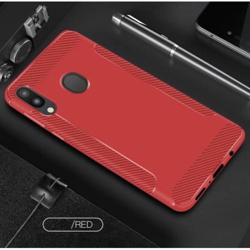 Carbon Fiber protiskluzový gelový obal na mobil Samsung Galaxy M20 - červený