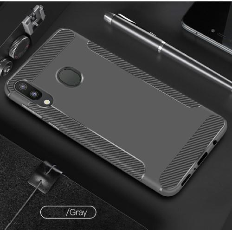 Carbon Fiber protiskluzový gelový obal na mobil Samsung Galaxy M20 - šedý