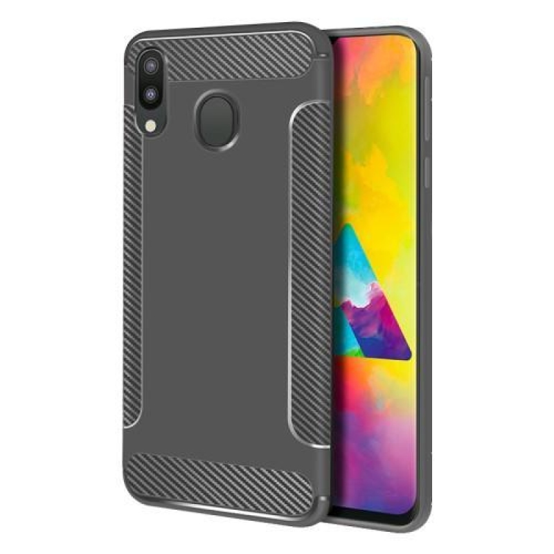 Carbon Fiber protiskluzový gelový obal na mobil Samsung Galaxy M20 - šedý