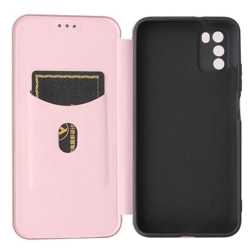 Carbon PU kožené peněženkové pouzdro na mobil Xiaomi Poco M3 - růžovozlaté