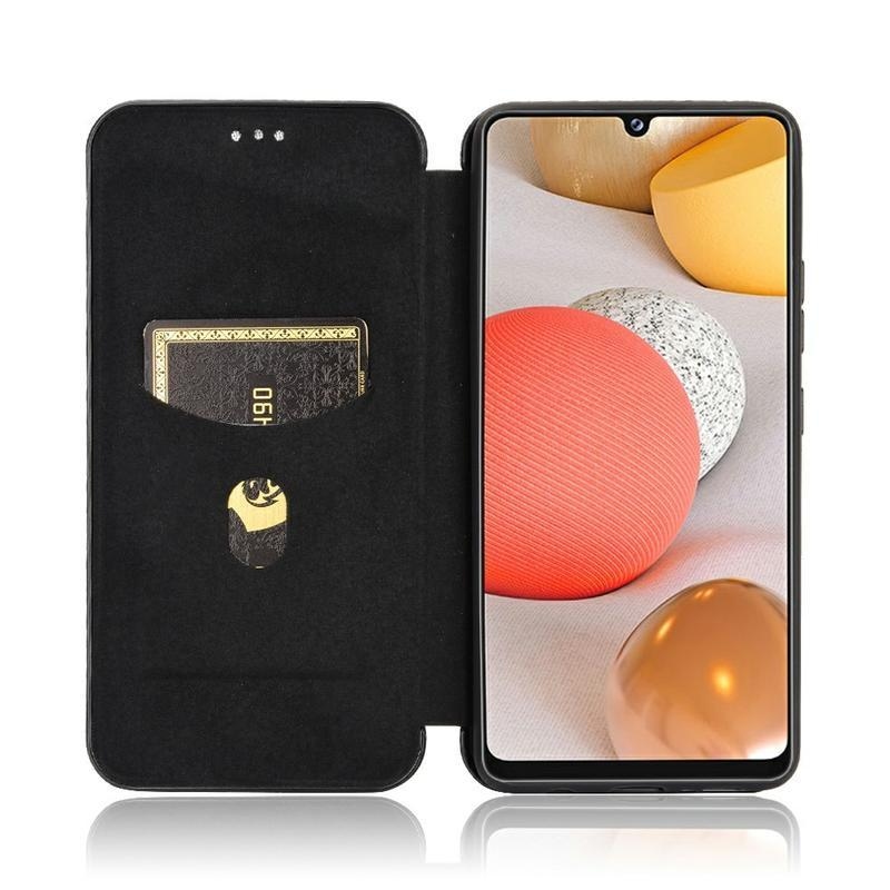 Carbon PU kožené peněženkové pouzdro pro mobil Samsung Galaxy A42 5G - černé