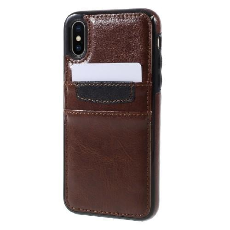 Card gelový obal s PU koženými zády a přihrádkami na  iPhone X - hnědý