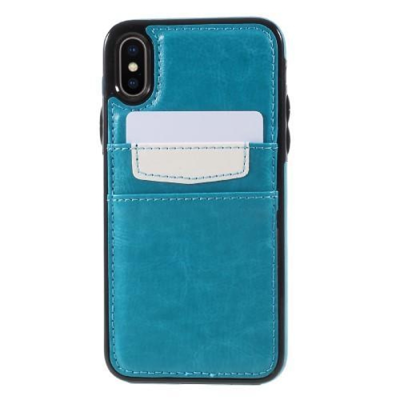 Card gelový obal s PU koženými zády a přihrádkami na  iPhone X - modrý