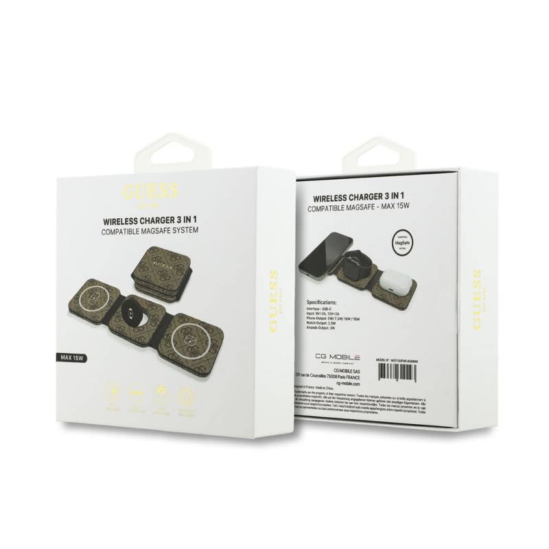 Guess PU 4G MagSafe Bezdrátová Nabíječka 3v1 Brown