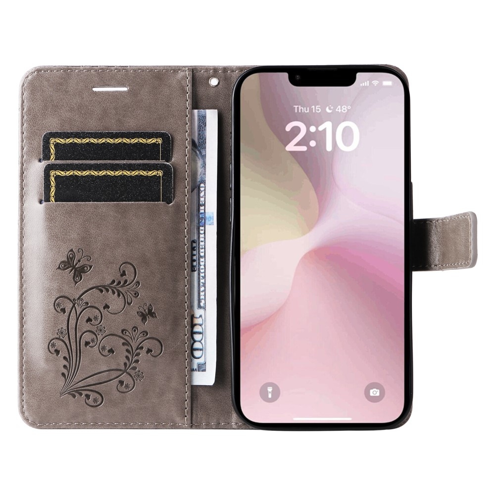 Big Butterfly knížkové pouzdro na iPhone 16e - šedé