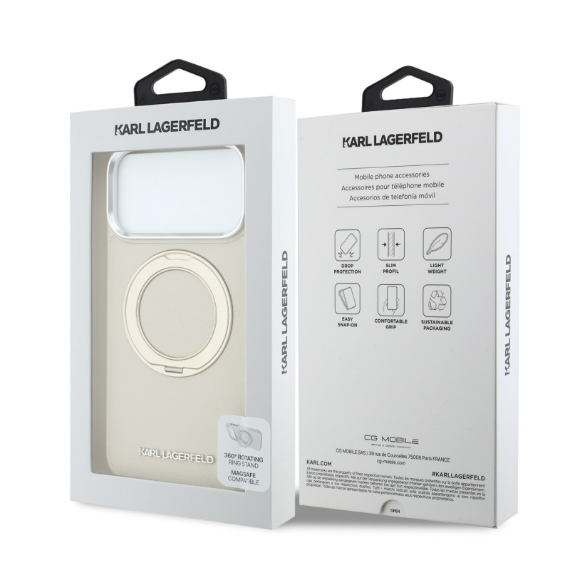 Karl Lagerfeld PU Saffiano Ring Stand MagSafe Zadní Kryt pro iPhone 18 Pro Beige