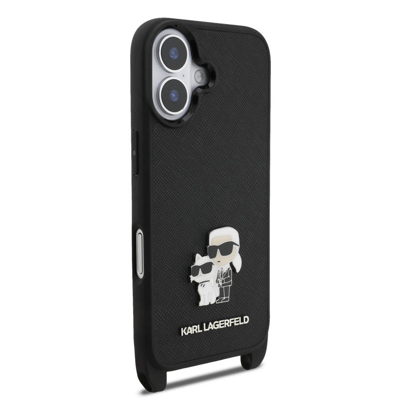 Karl Lagerfeld Saffiano Crossbody Popruh Metal Karl and Choupette Zadní Kryt pro iPhone 17 Black