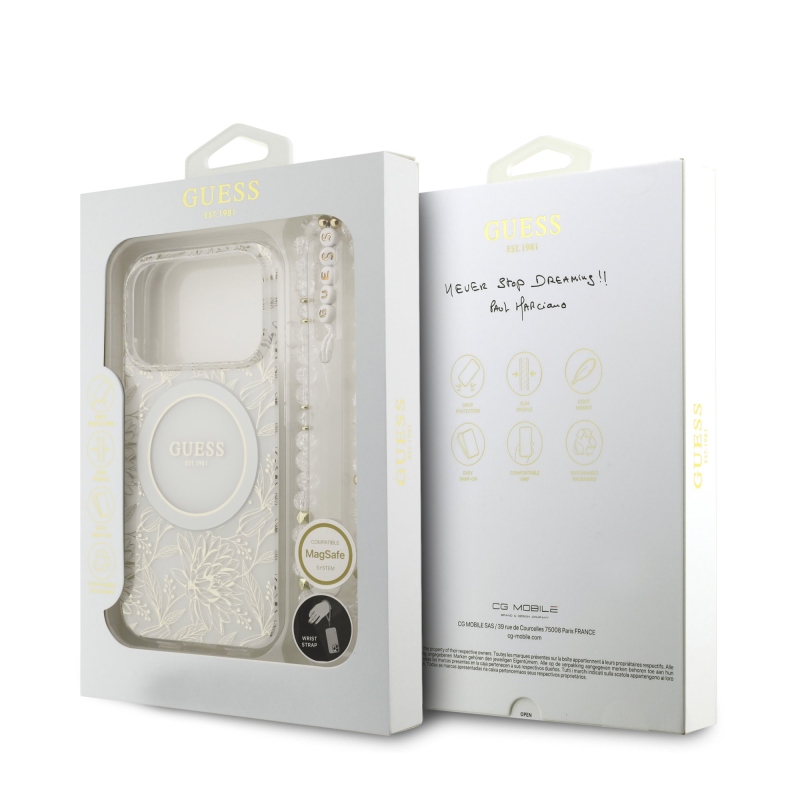 Guess IML Flowers Allover Strap MagSafe Zadní Kryt pro iPhone 17 Pro White