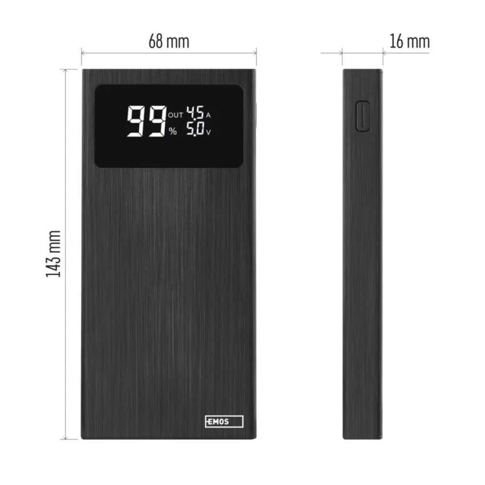 Powerbanka EMOS BetaQ 10, 10 000 mAh, 22,5 W - černá