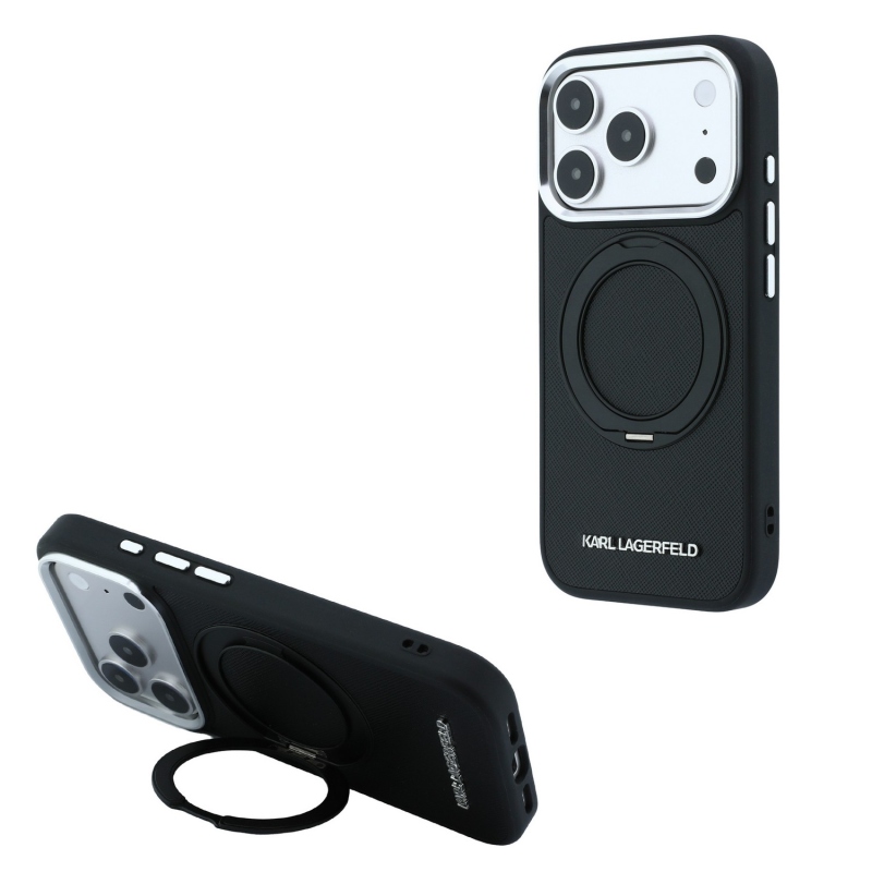 Karl Lagerfeld PU Saffiano Ring Stand MagSafe Zadní Kryt pro iPhone 18 Pro Max Black