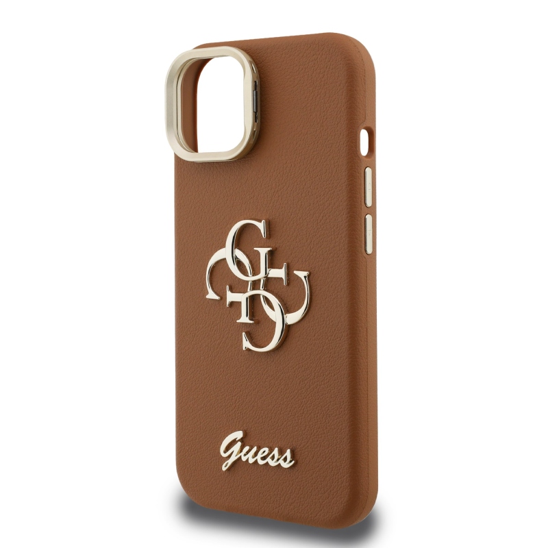 Guess PU Grained 4G Logo Stand Camera Frame Zadní Kryt pro iPhone 13 Brown