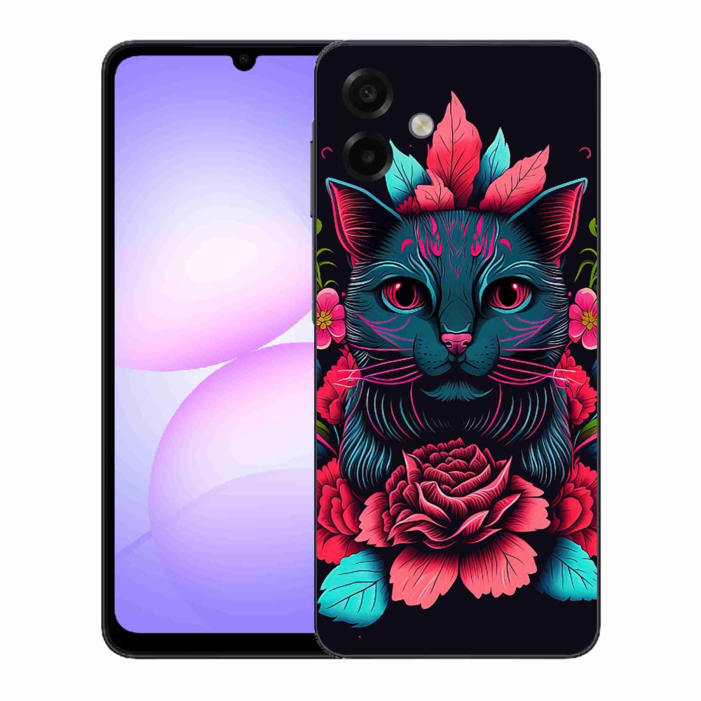 Gelový kryt mmCase na Samsung Galaxy A07 4G - květiny a kočka